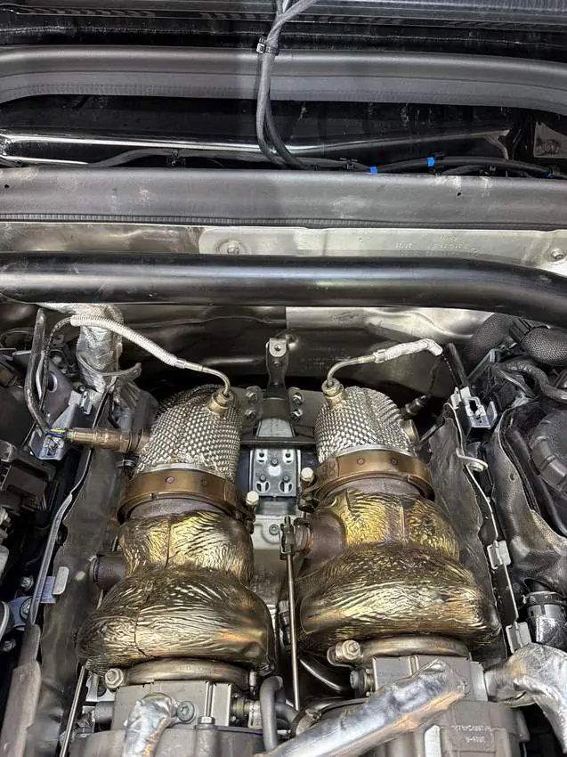 Twin-turbo build, Heat wrapped turbos, at PRM Eurowerks in Cary IL